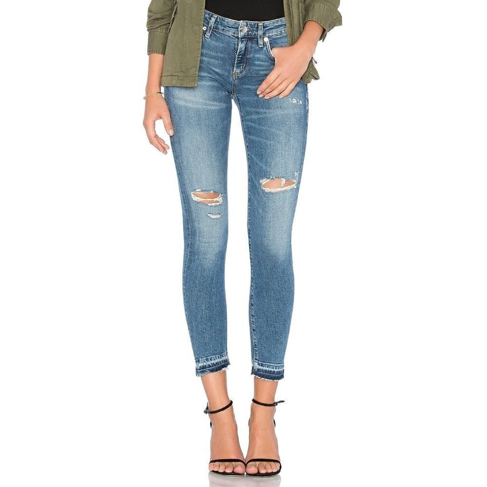 AGOLDE‎ Lara Jeans SZ 29 8 Skinny Badlands Low Rise Distressed Raw Hem Cropped